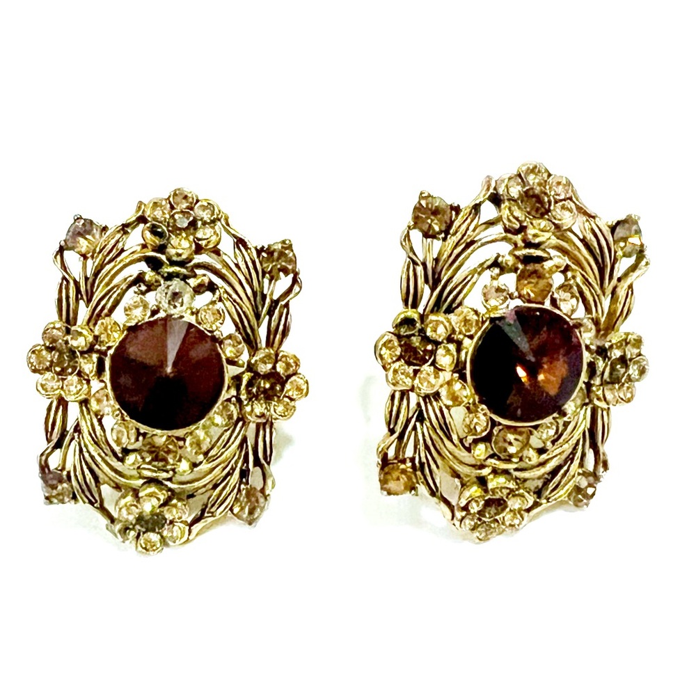 Vintage Large Gold and Brown Singed Made In USA Clip on  Earrings